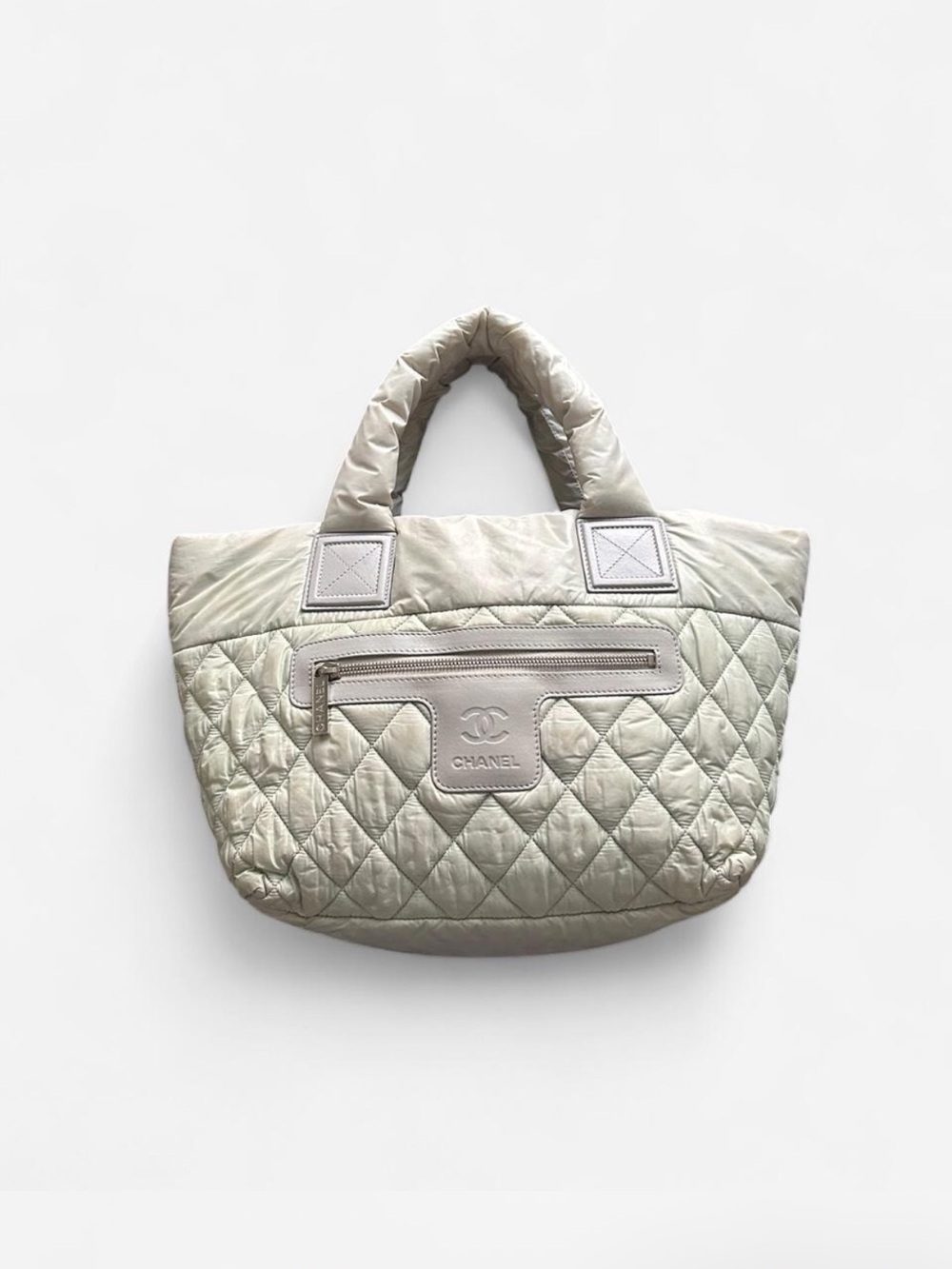 Authentic Chanel Nylon
Pastel Green Quilted Tote (with navy blue interior)